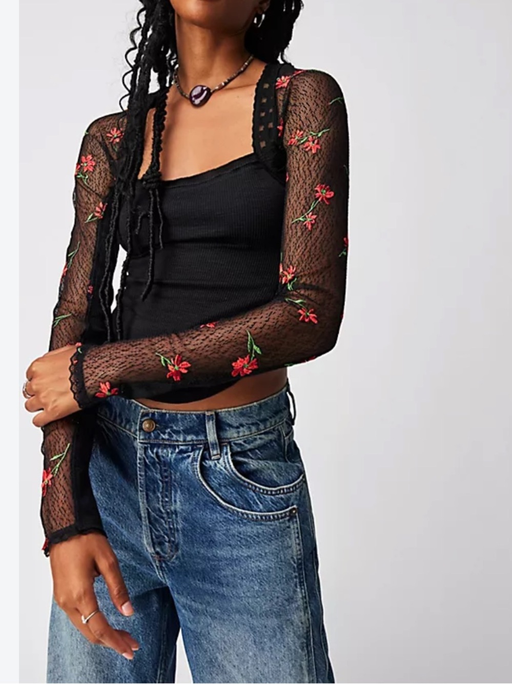 Free People Jolie laced Black Ribbed Top with Red Floral Mesh Sleeves